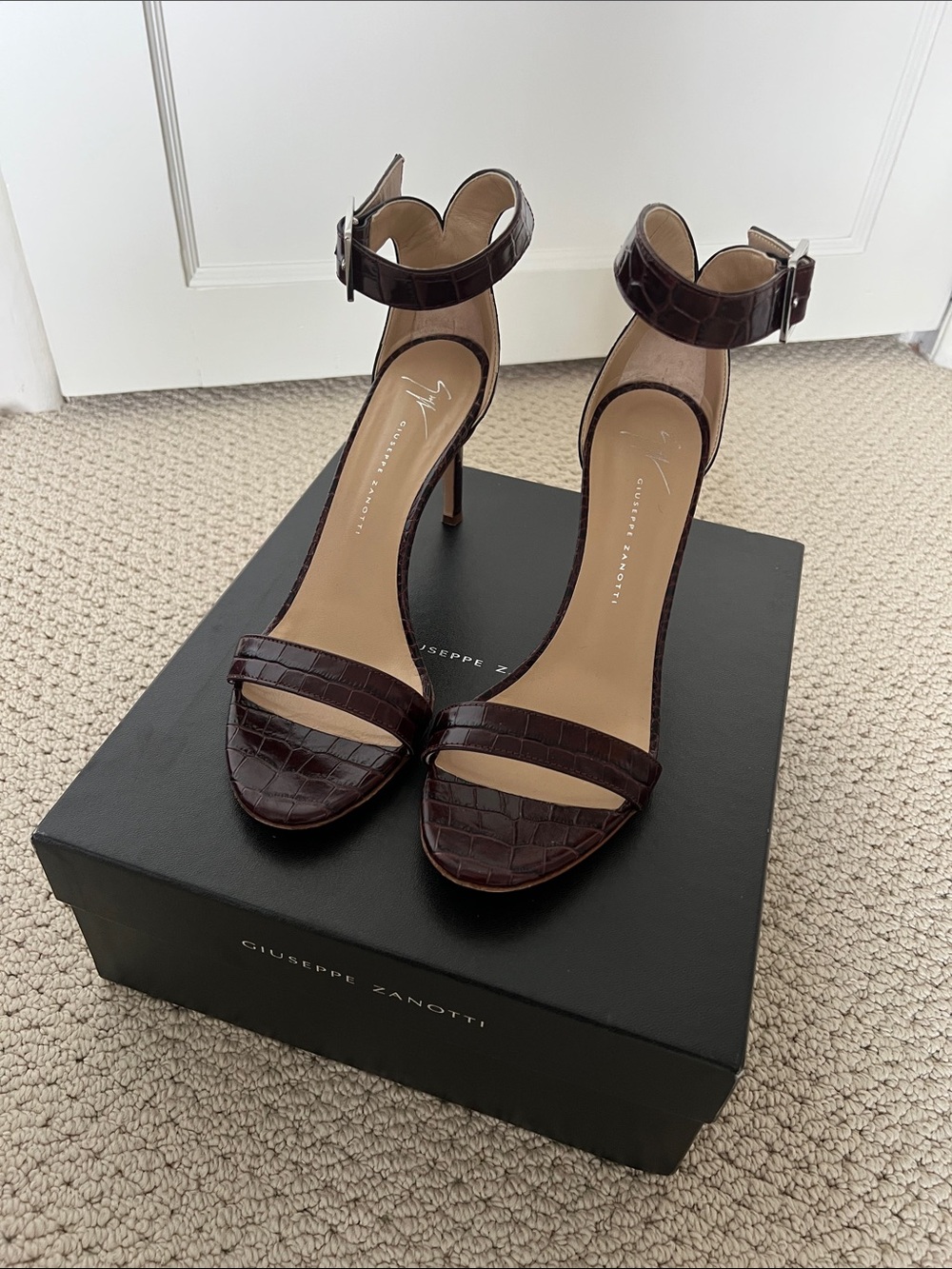 Giuseppe Zanotti Dark Brown Croc-Embossed Ankle Strap Stiletto Sandals